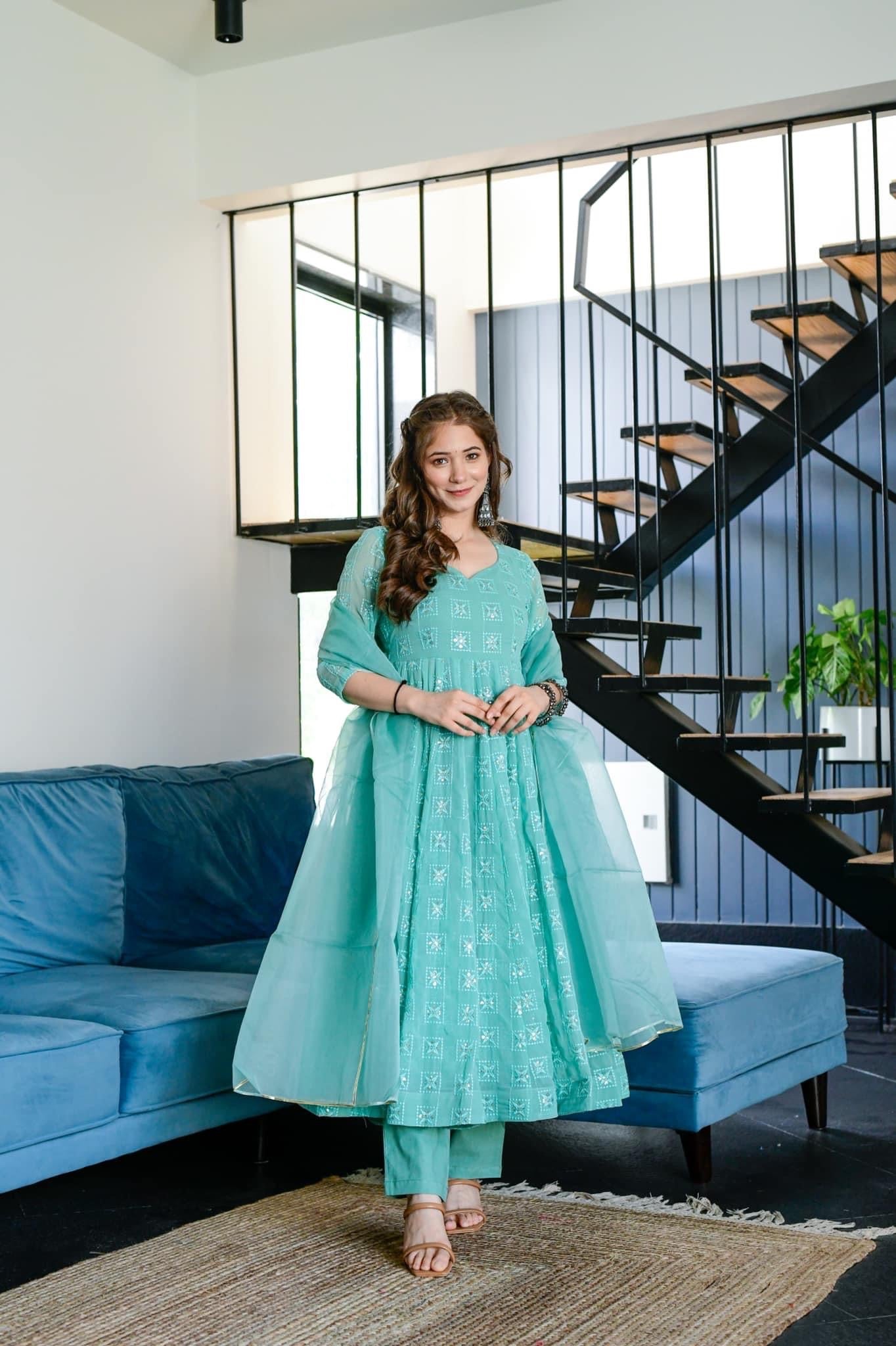 turqoiuse blue embroidered suit set