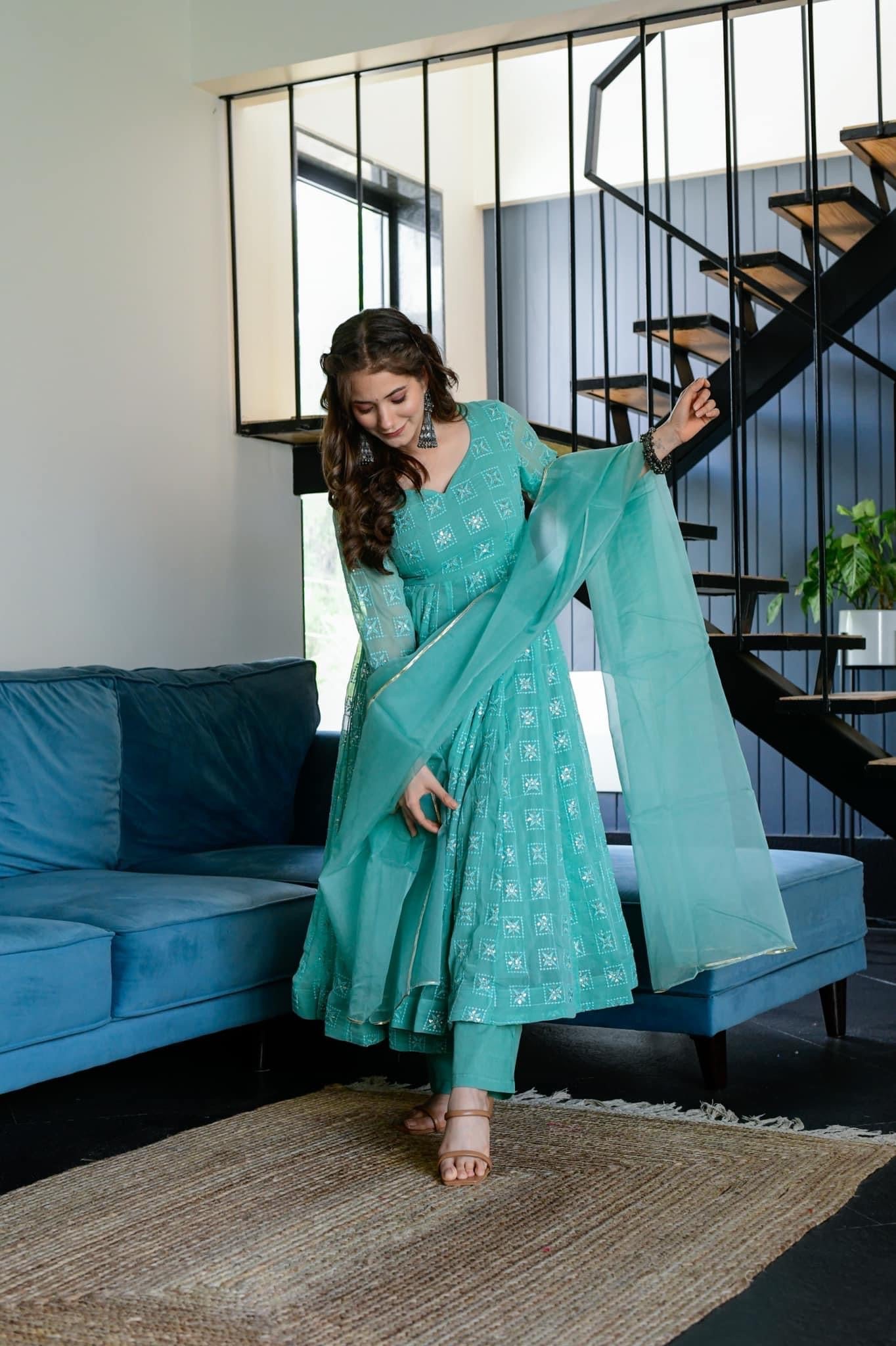 turqoiuse blue embroidered suit set