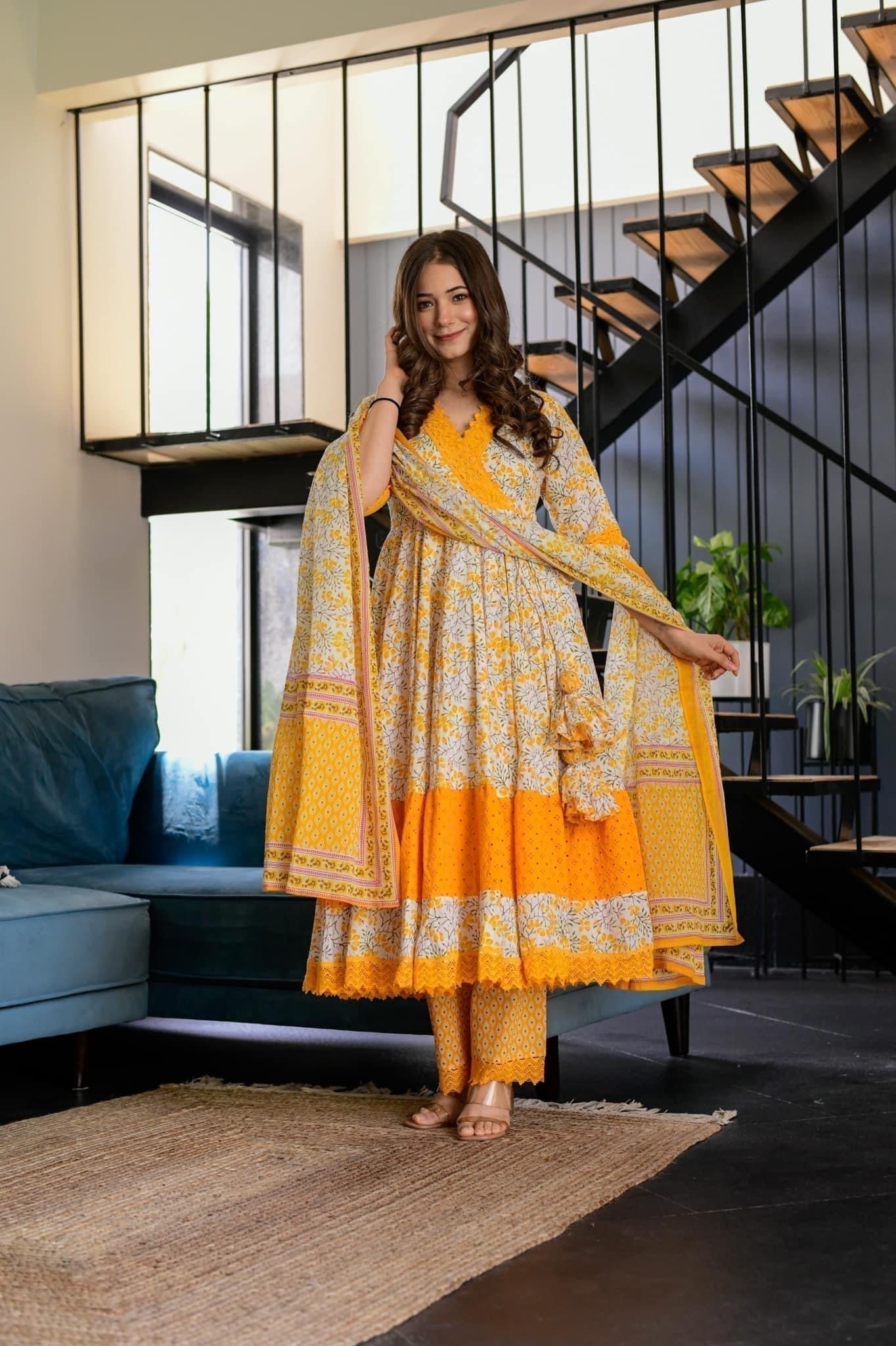 windy white and yellow floral suit set