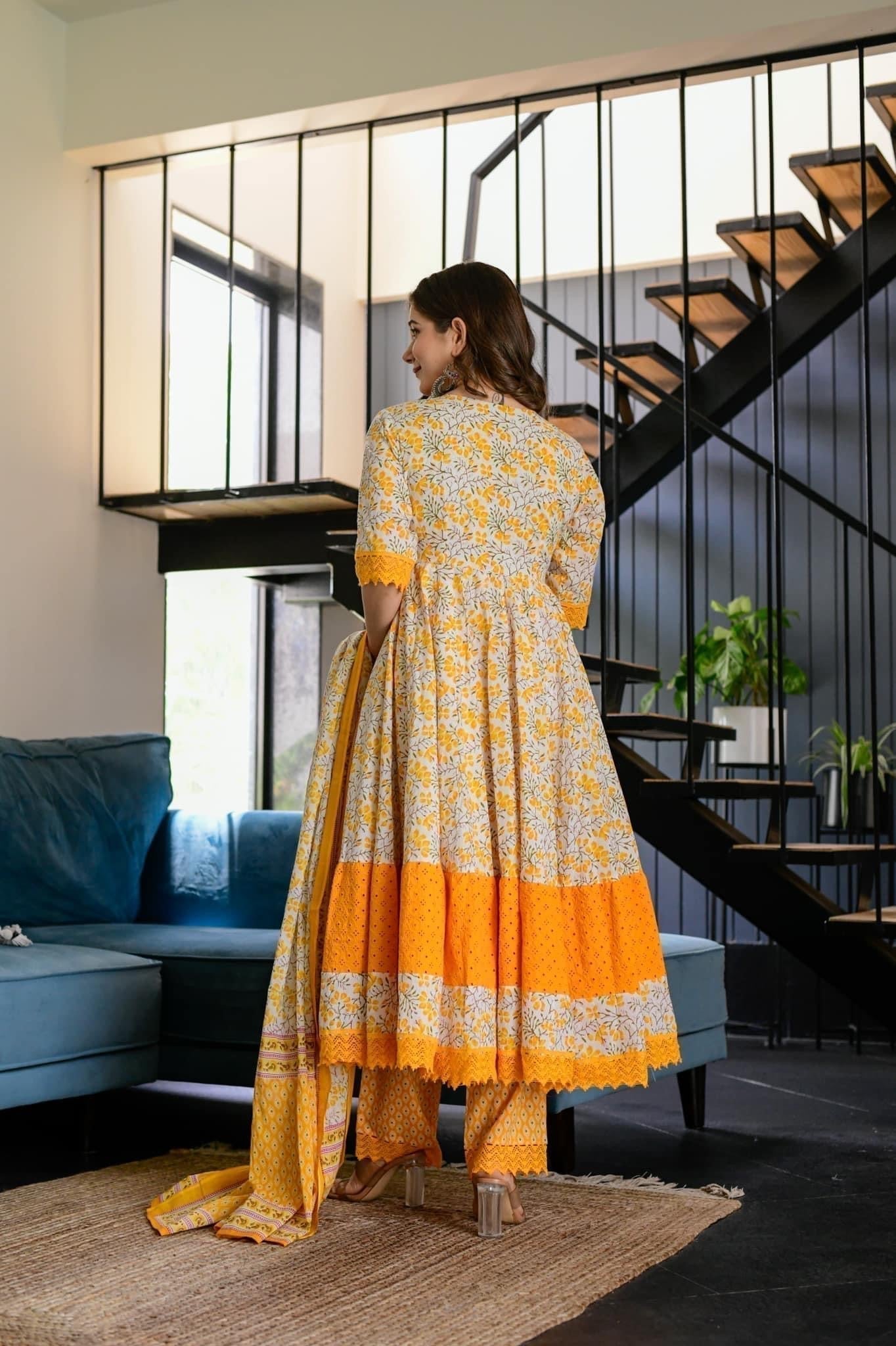 windy white and yellow floral suit set