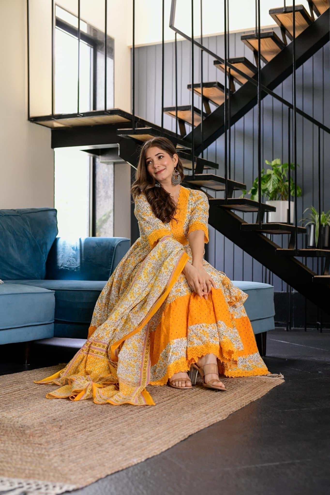 windy white and yellow floral suit set