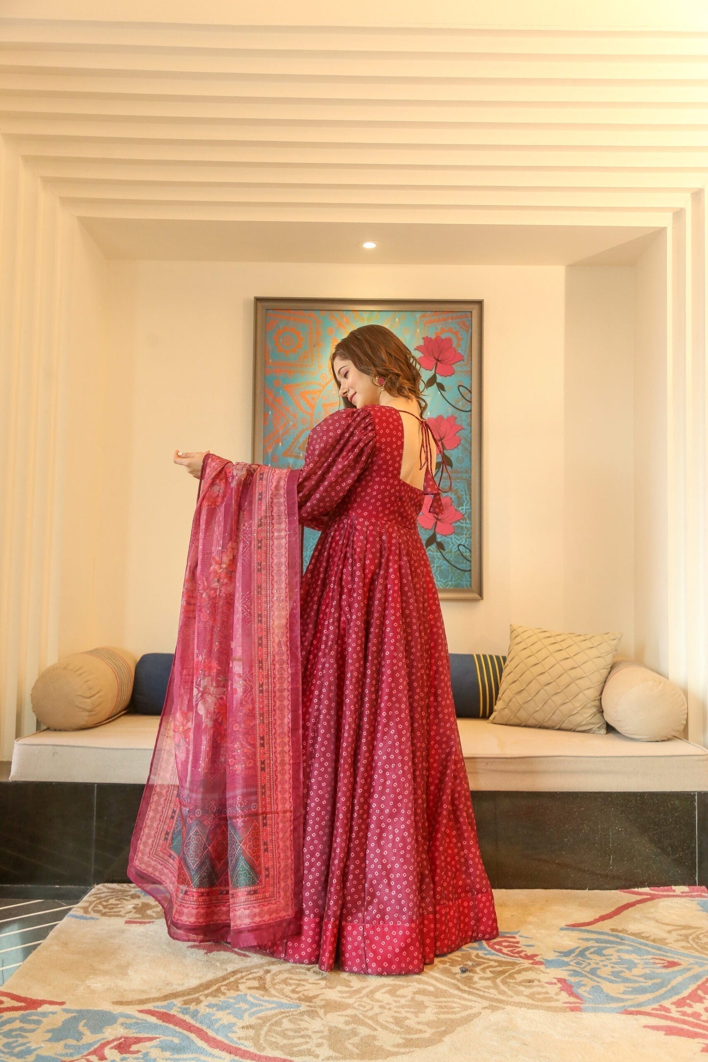 shanaya cherry maxi set with organza dupatta