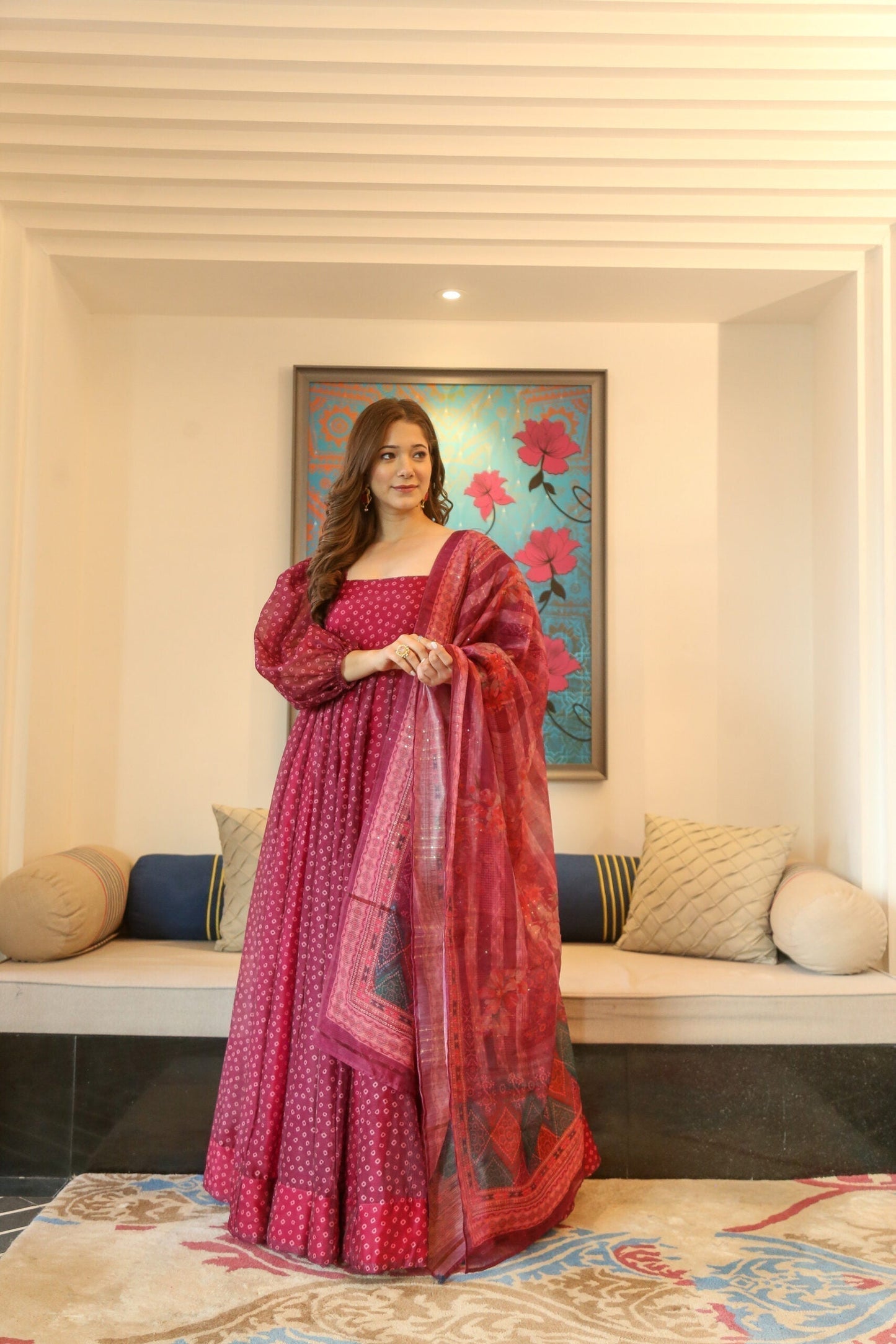 shanaya cherry maxi set with organza dupatta