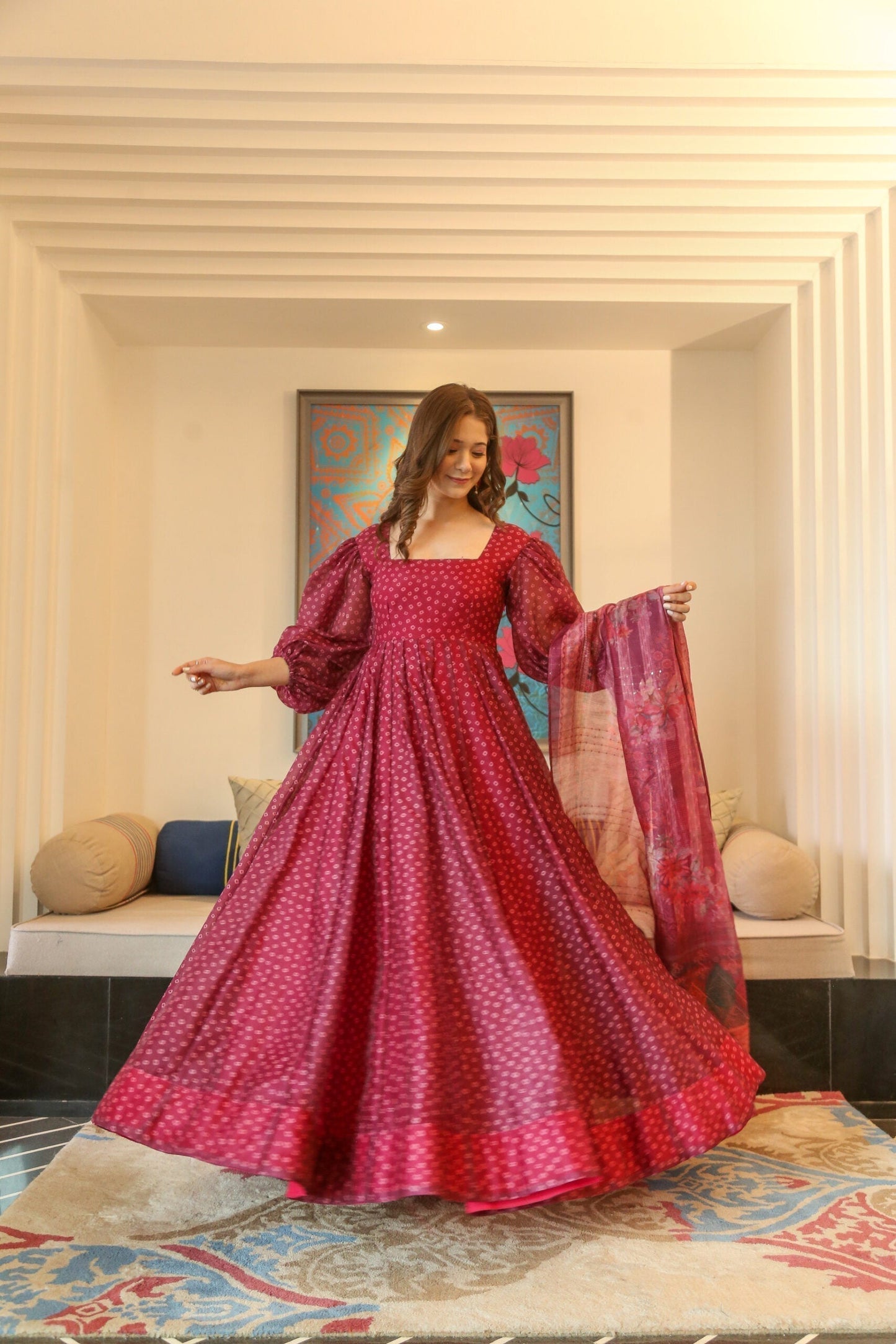 shanaya cherry maxi set with organza dupatta