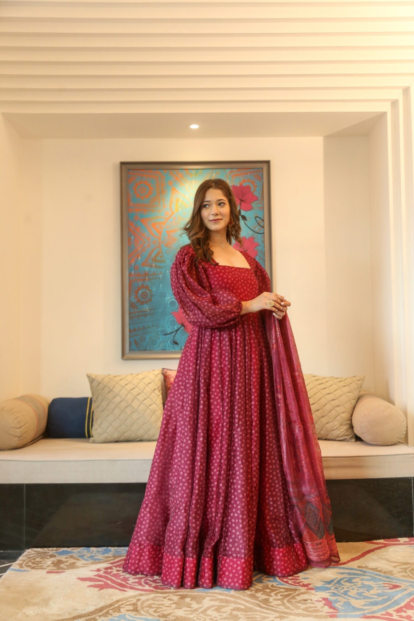 shanaya cherry maxi set with organza dupatta