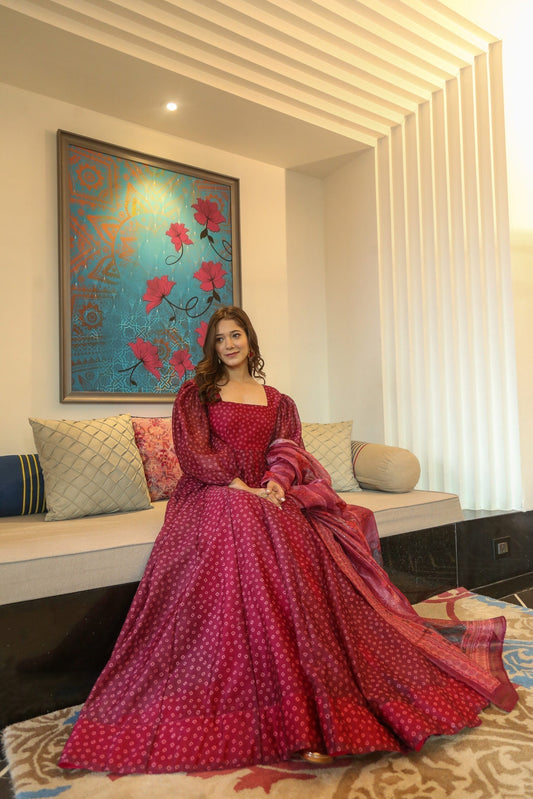 shanaya cherry maxi set with organza dupatta