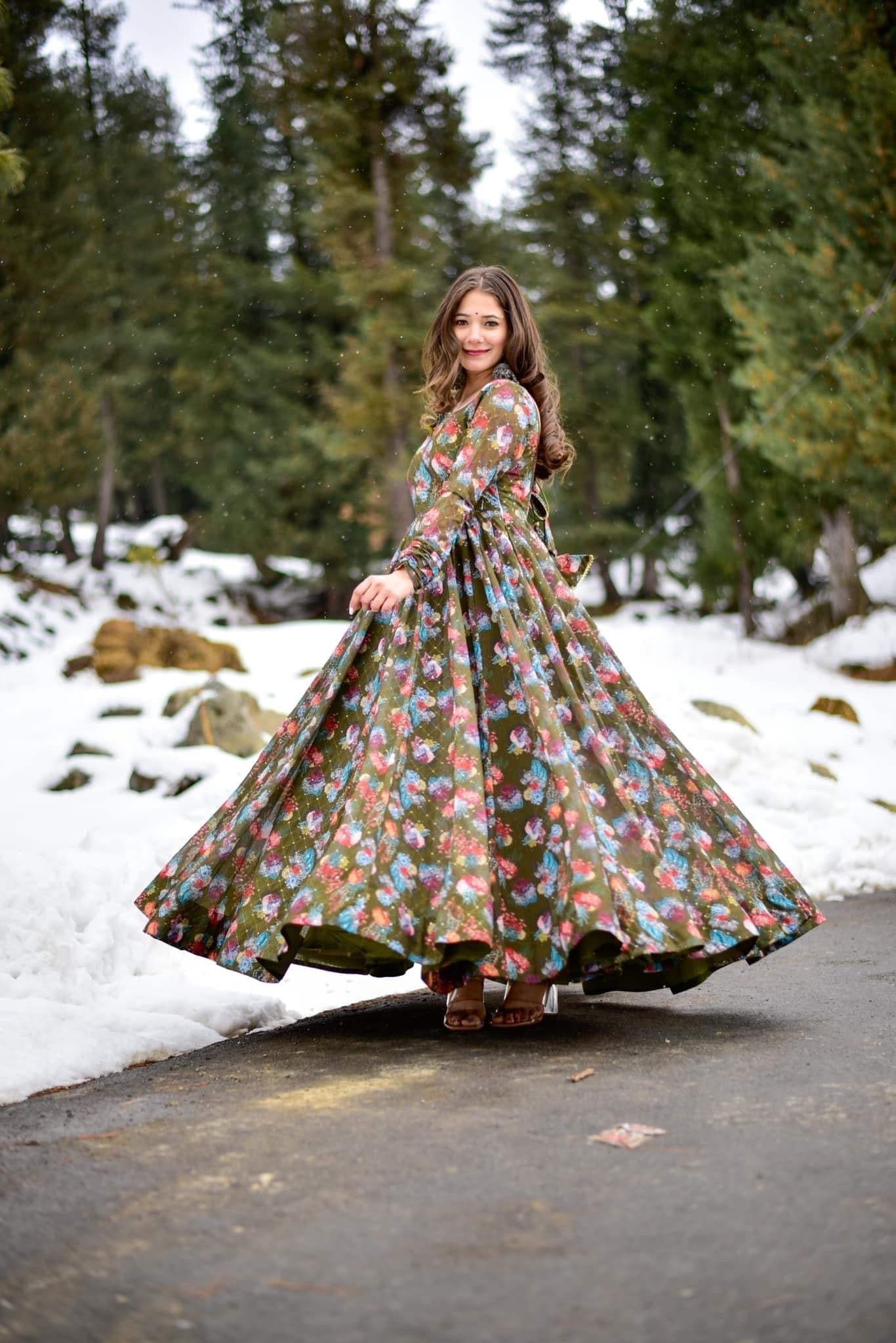 olive green georgette embroidered maxi