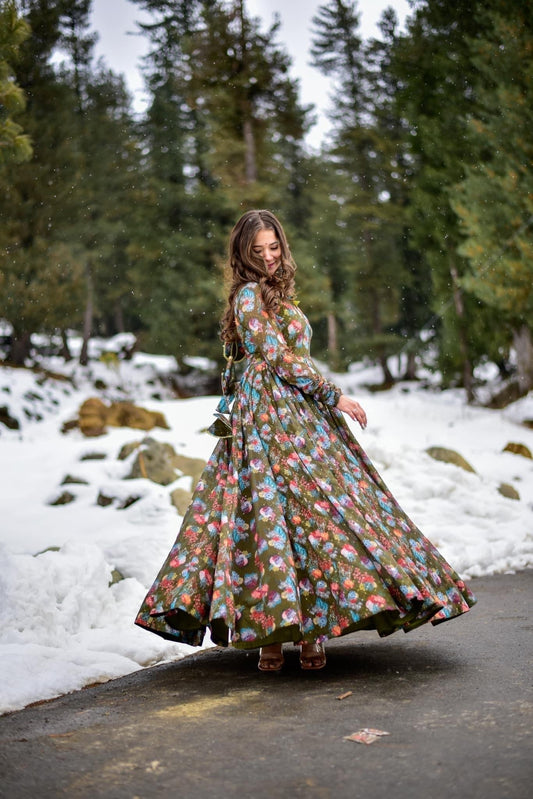 olive green georgette embroidered maxi