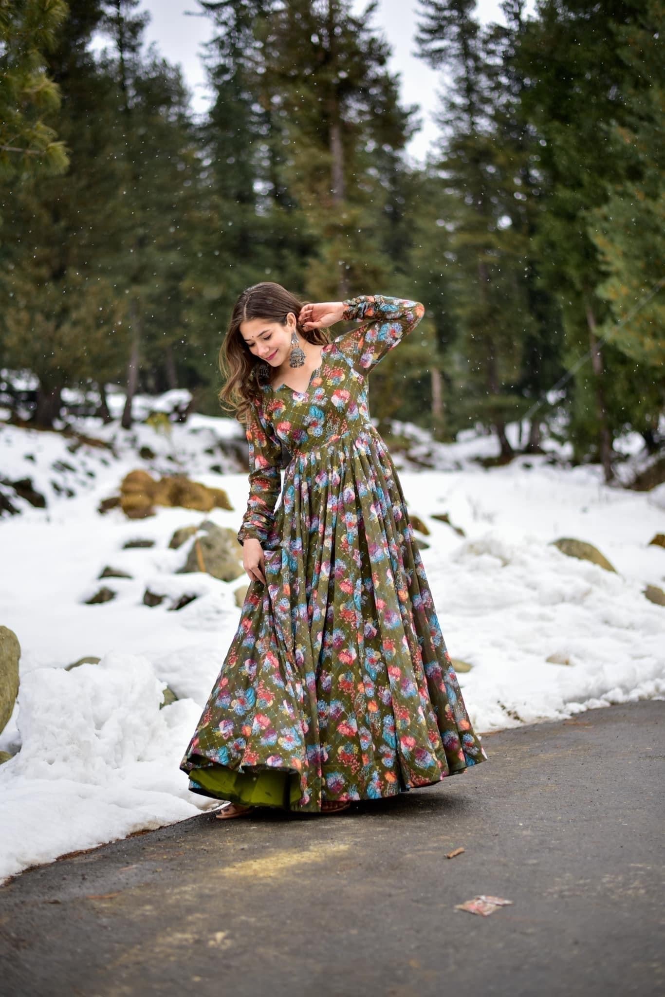 olive green georgette embroidered maxi