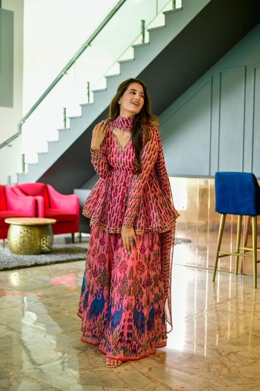 peacock georgette kurta sharara set