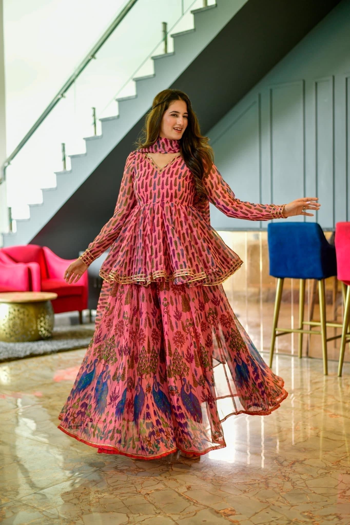 peacock georgette kurta sharara set