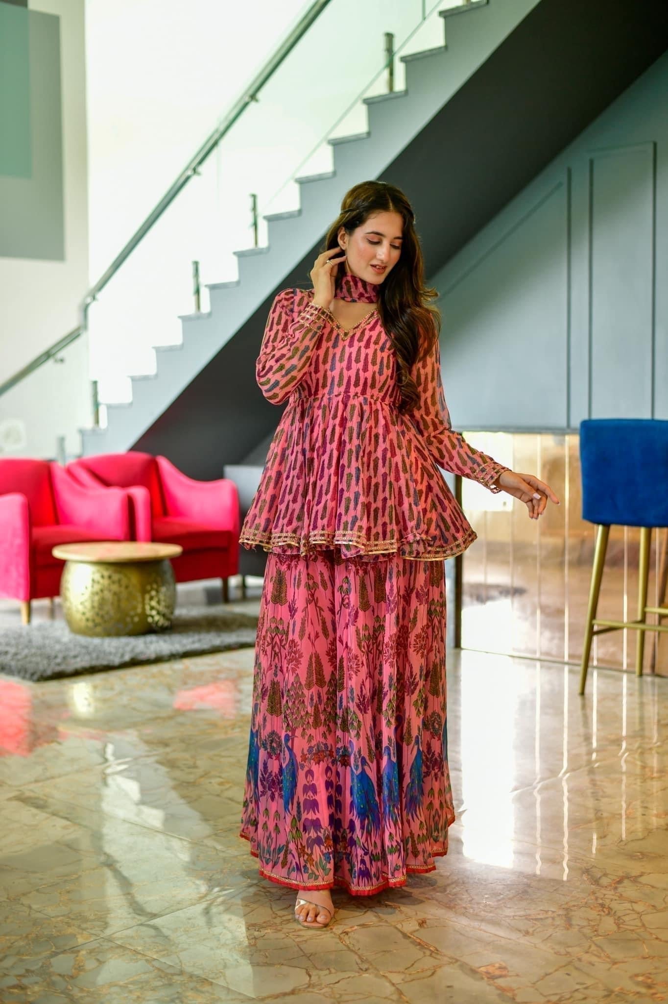 peacock georgette kurta sharara set