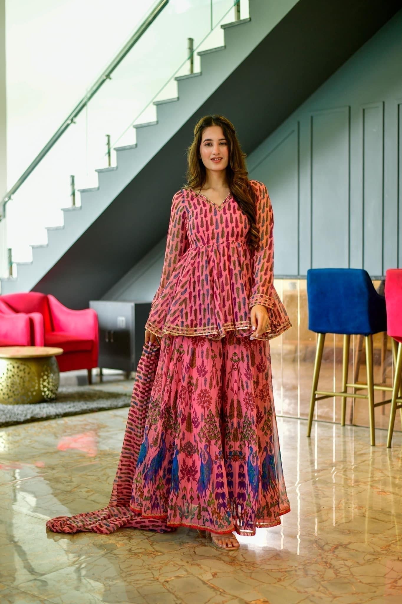 peacock georgette kurta sharara set