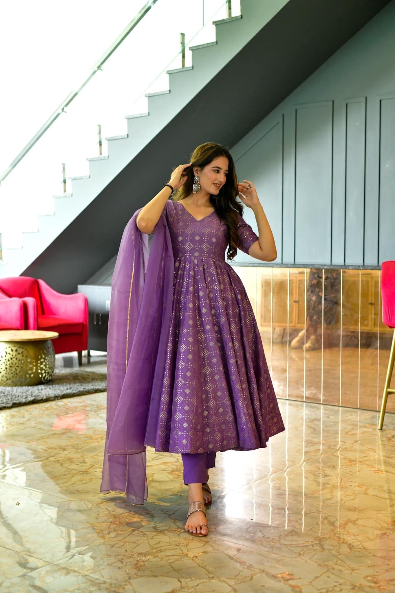 purple embroidered silk suit set
