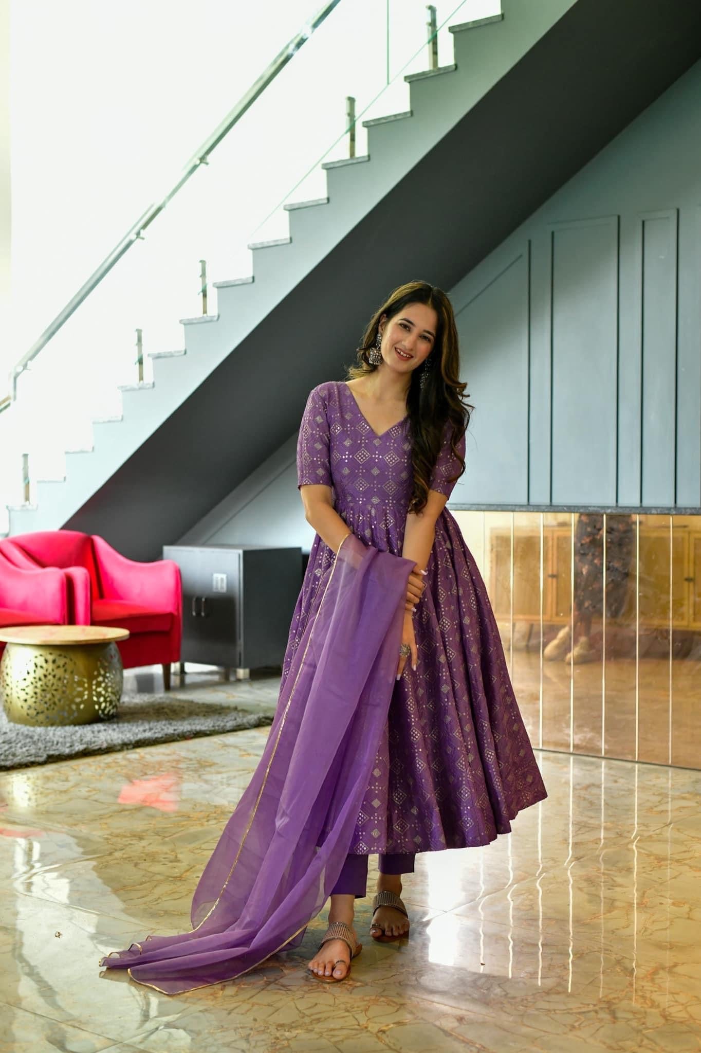 purple embroidered silk suit set