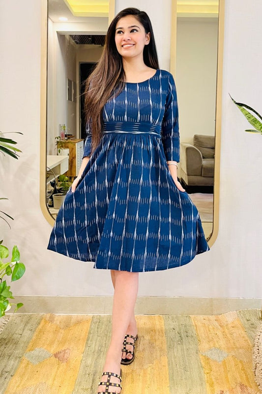 NAVY IKAT BOW-BACK FLARED DRESS