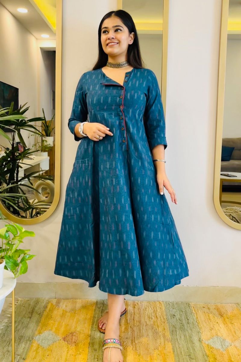 TEAL BLUE IKAT ANGRAKHA DRESS WITH RED DETAIL