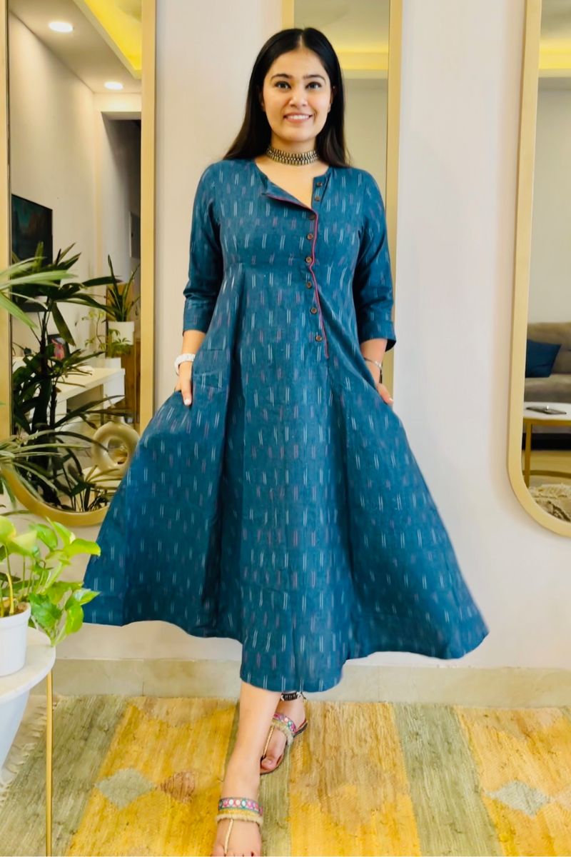 TEAL BLUE IKAT ANGRAKHA DRESS WITH RED DETAIL