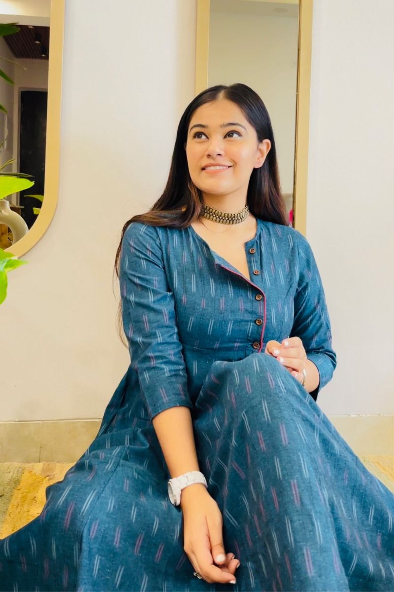 TEAL BLUE IKAT ANGRAKHA DRESS WITH RED DETAIL