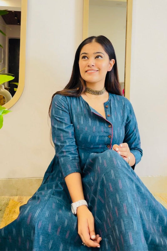 TEAL BLUE IKAT ANGRAKHA DRESS WITH RED DETAIL