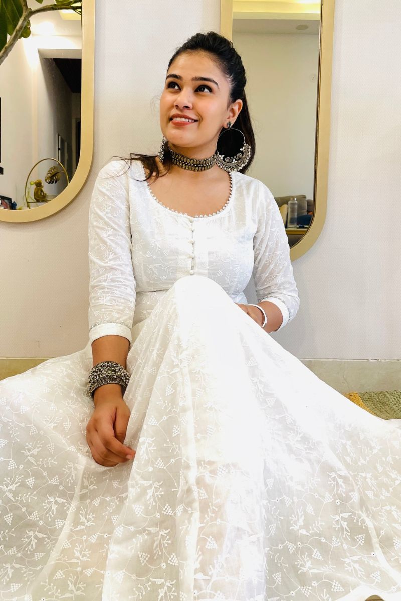 WHITE EMBROIDERED ANARKALI MAXI DRESS