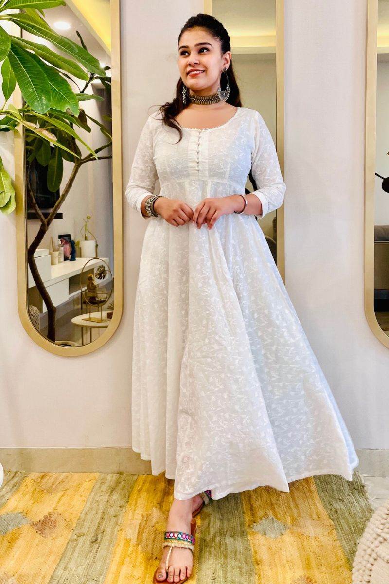 WHITE EMBROIDERED ANARKALI MAXI DRESS