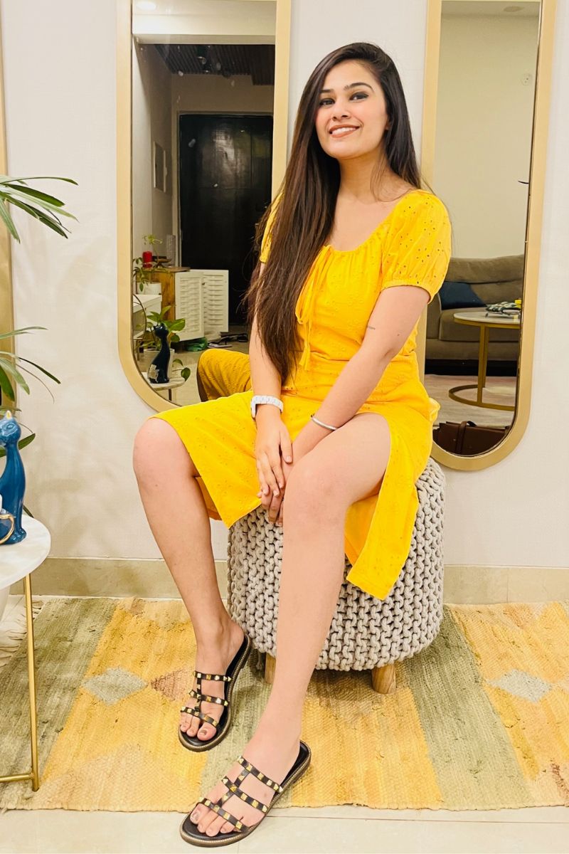 YELLOW SCHIFFLI EMBROIDERED SLIT DRESS