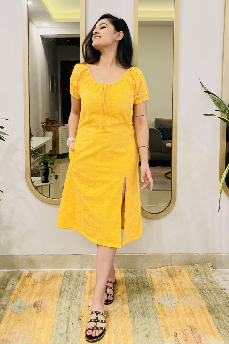 YELLOW SCHIFFLI EMBROIDERED SLIT DRESS