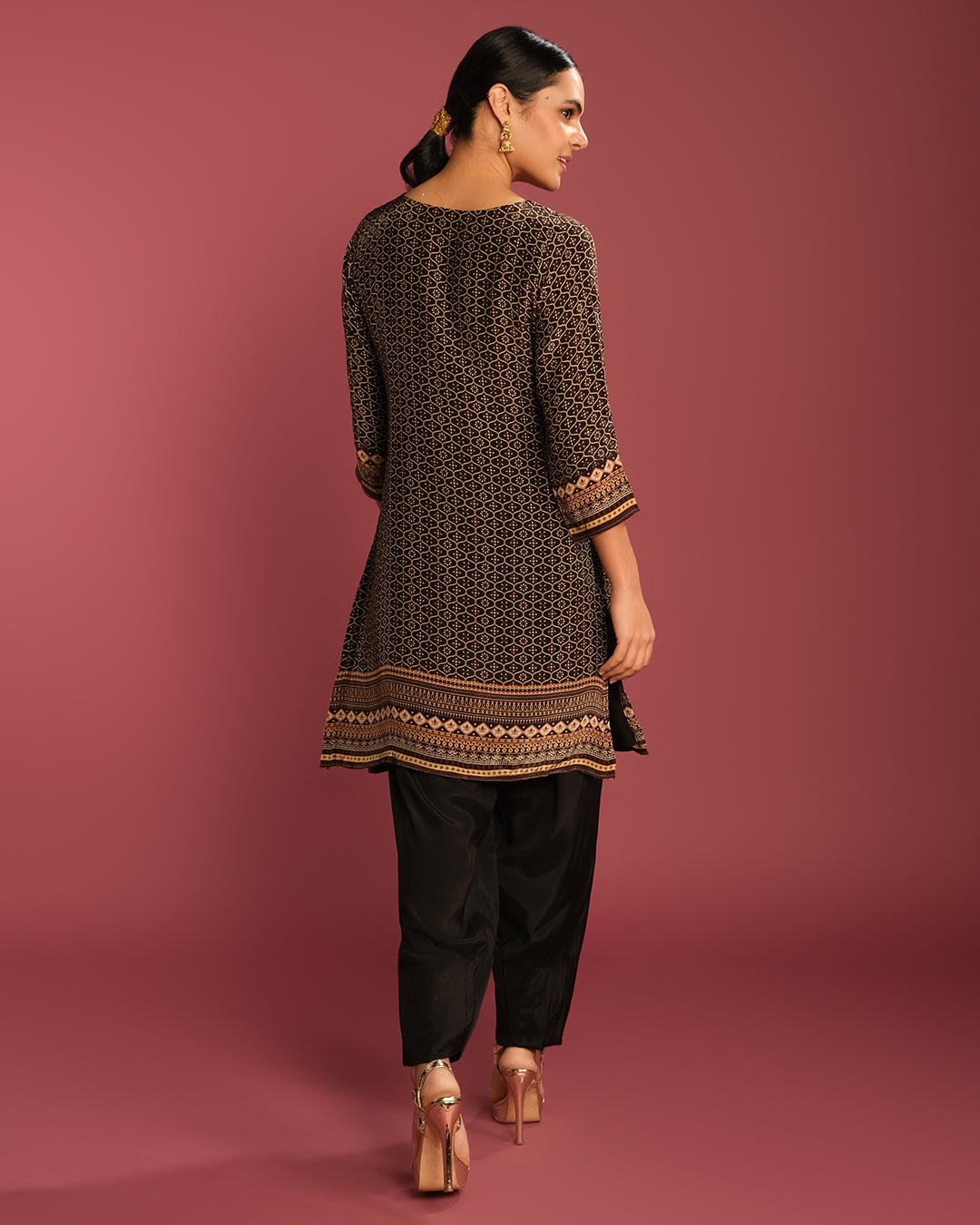 Black & Earthy Bandhej Printed Short Kurta With Pant Set