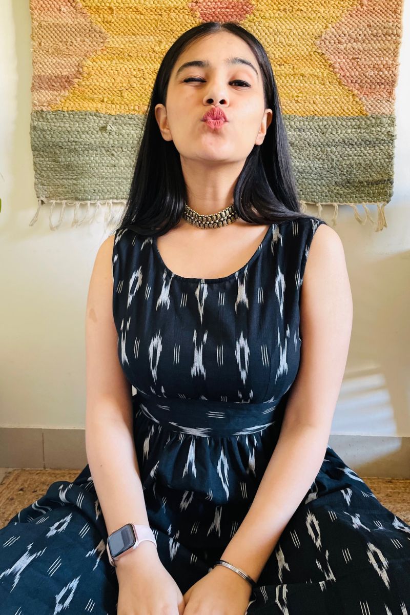 BLACK IKAT BOW-BACK FLARED DRESS