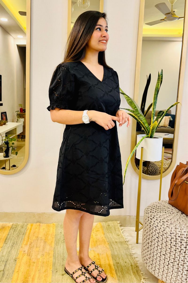 BLACK SCHIFFLI EMBROIDERED FLARED DRESS