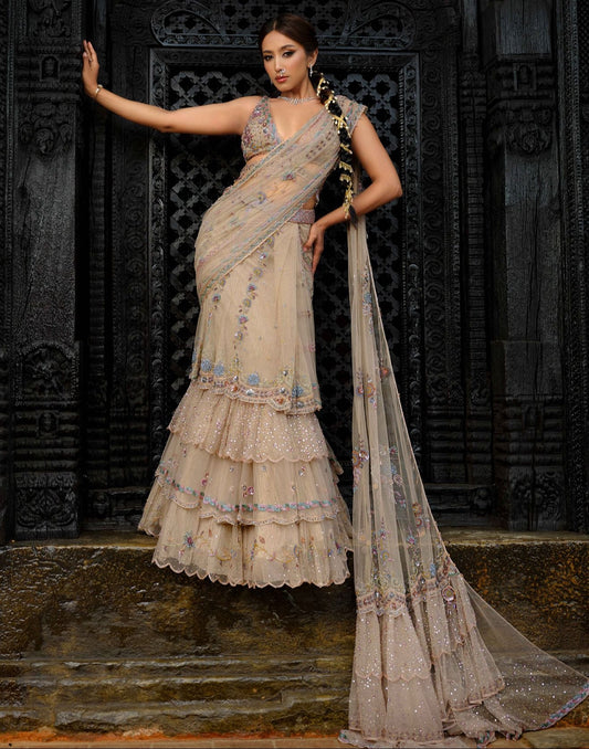Blazé Copper Embellished Layered Cocktail Stitched Saree