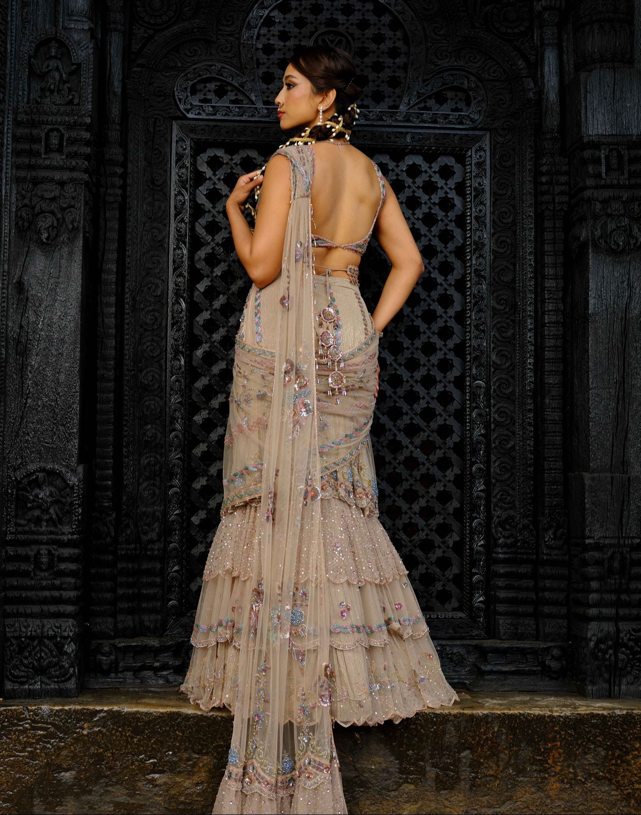 Blazé Copper Embellished Layered Cocktail Stitched Saree