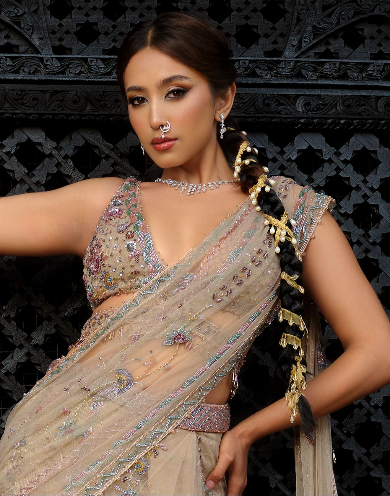 Blazé Copper Embellished Layered Cocktail Stitched Saree