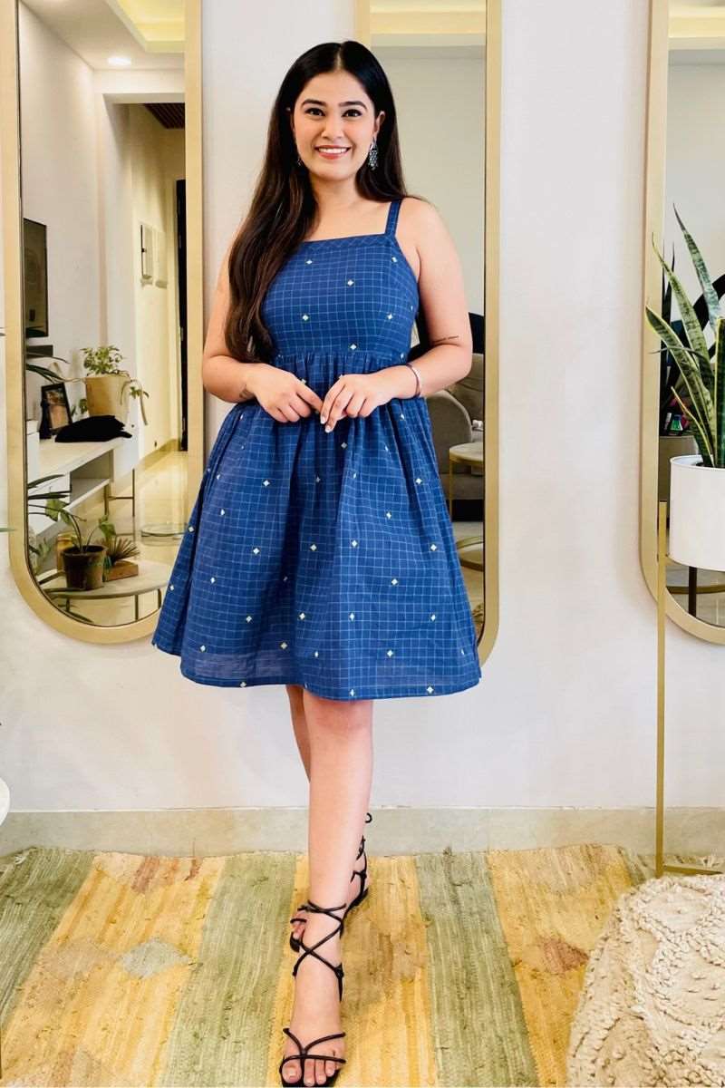 NAVY EMBROIDERED SPAGHETTI DRESS