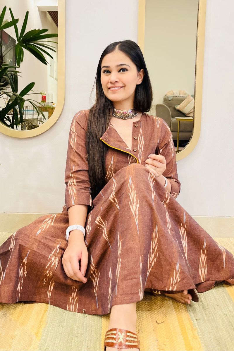 BROWN IKAT ANGRAKHA DRESS WITH YELLOW DETAIL