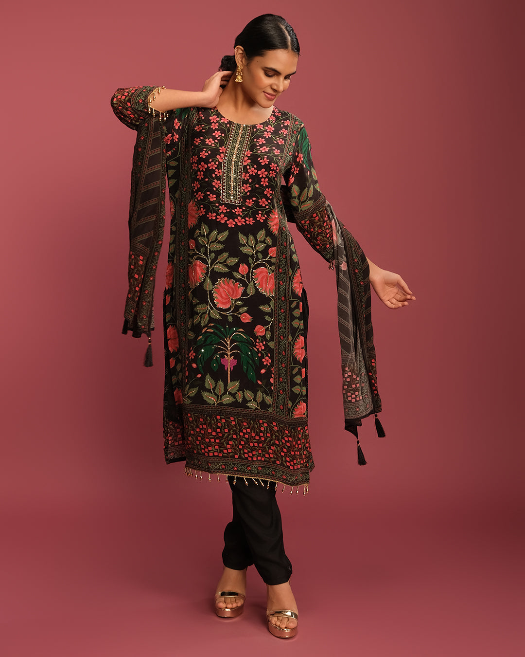 Flora Bloom Printed Pure Crepe Silk Kurta Set