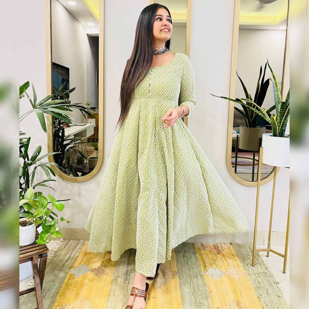 GREEN EMBROIDERED ANARKALI MAXI DRESS