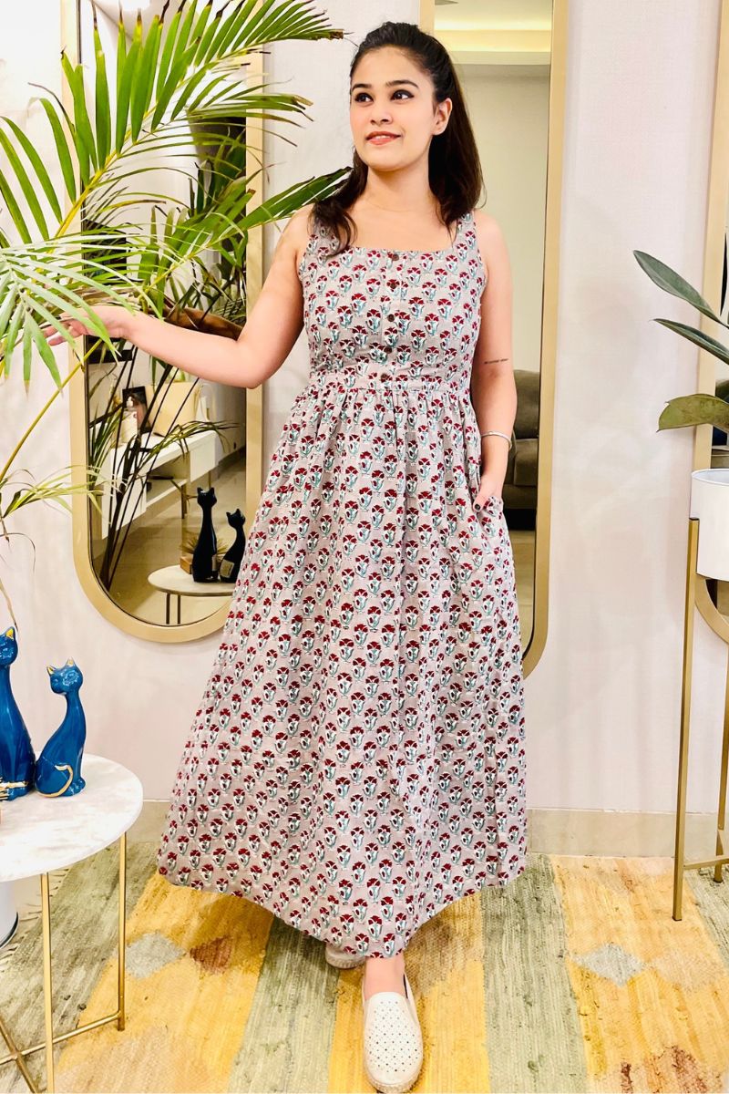 GREY HAND BLOCK PRINT MAXI DRESS