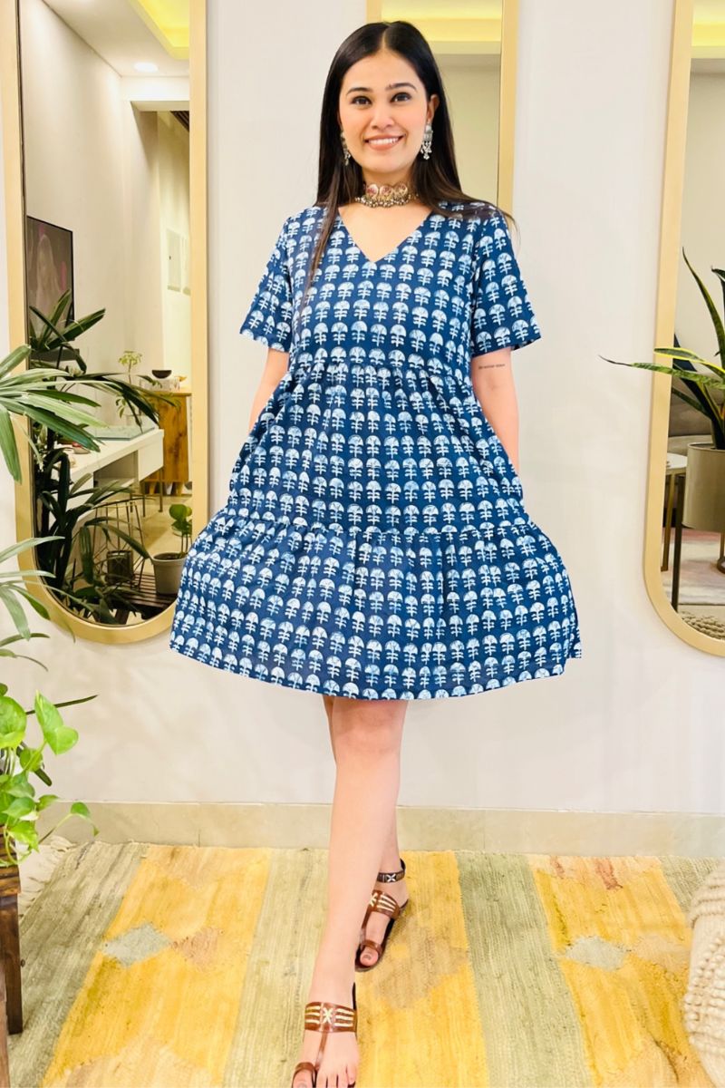INDIGO BLOCK PRINT FLARED DRESS