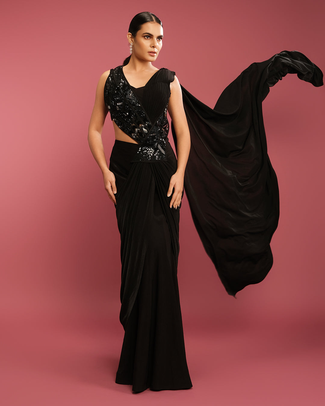 Jet Black Sculpted Embellished Pre-Stitched Saree
