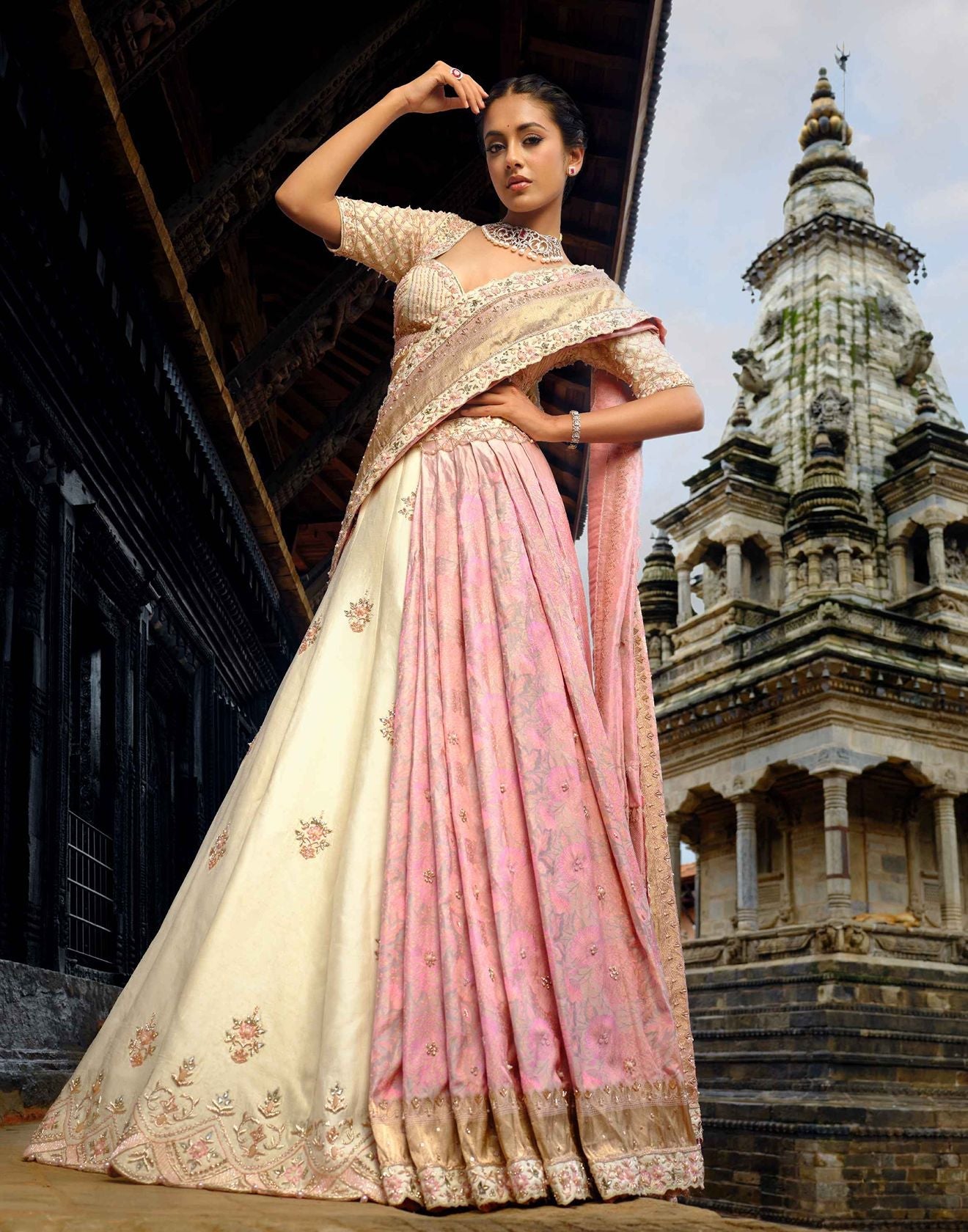Petal Pink Pure Banarasi Silk Saree With Blouse & Ivorvy Lehenga