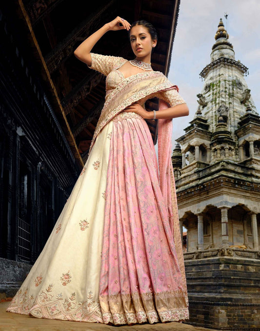 Petal Pink Pure Banarasi Silk Saree With Blouse & Ivorvy Lehenga