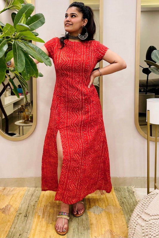 RED BANDHANI SLIT DRESS
