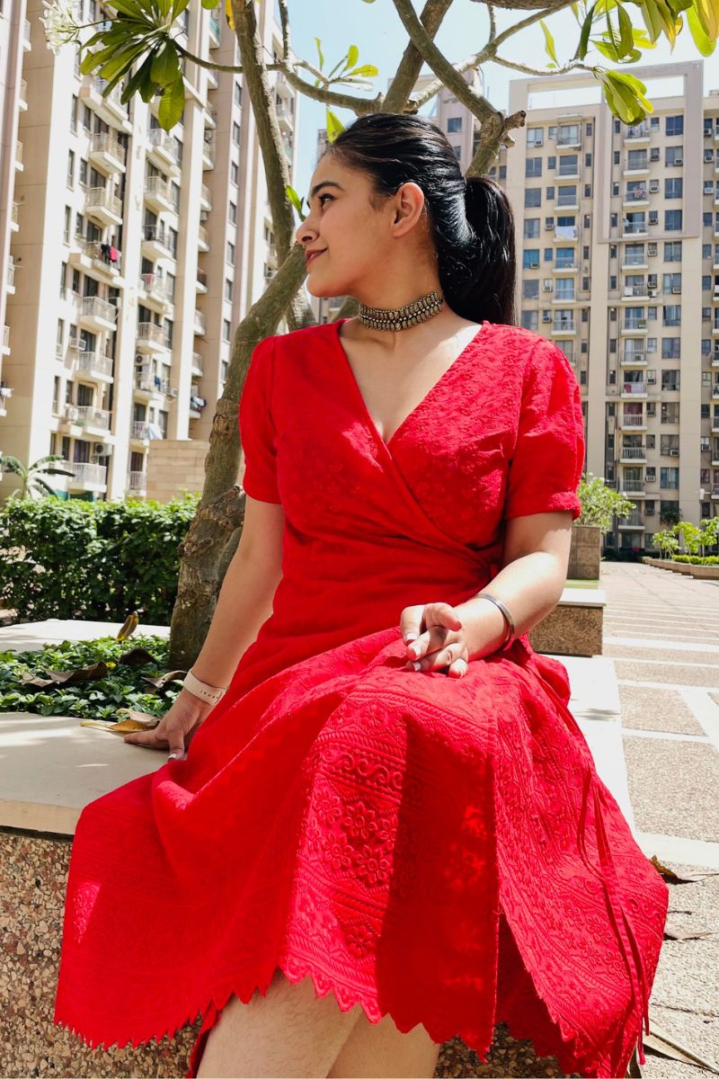 RED EMBROIDERED WRAP DRESS