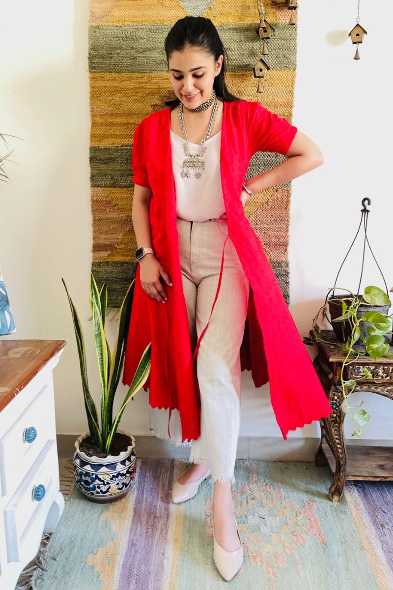 RED EMBROIDERED WRAP DRESS