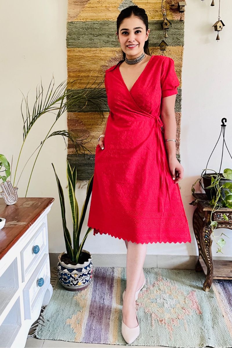 RED EMBROIDERED WRAP DRESS
