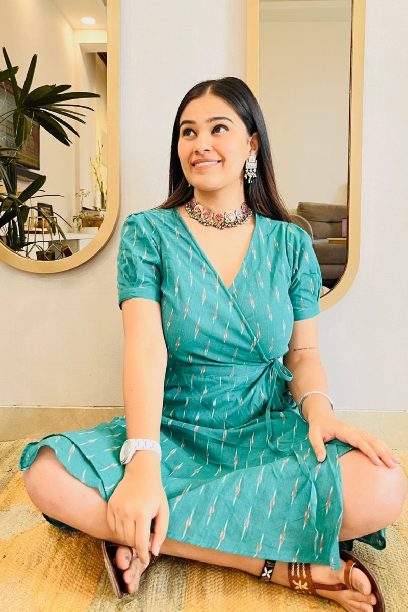 SEA GREEN IKAT WRAP DRESS