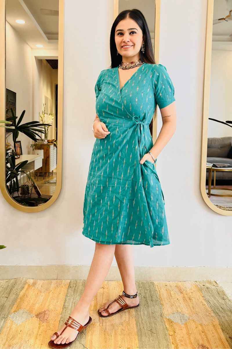 SEA GREEN IKAT WRAP DRESS