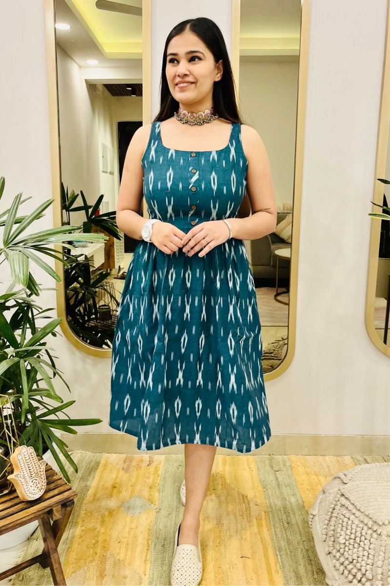 TEAL GREEN IKAT FLARED DRESS